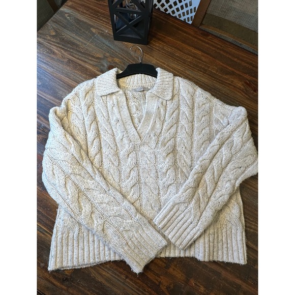 LOFT Chunky Cable Fisherman Knit Sweater Collared V-Neck Woman's  Size L - Picture 7 of 12